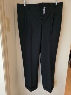 Bachrach Men's 36 Black Wool Dress Pants Cuffed Hem Flat Front Trousers